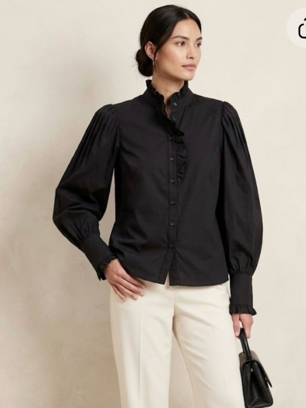Banana Republic Black Ruffle Neck Blouse Size L Cotton Puff Long Sleeve Top